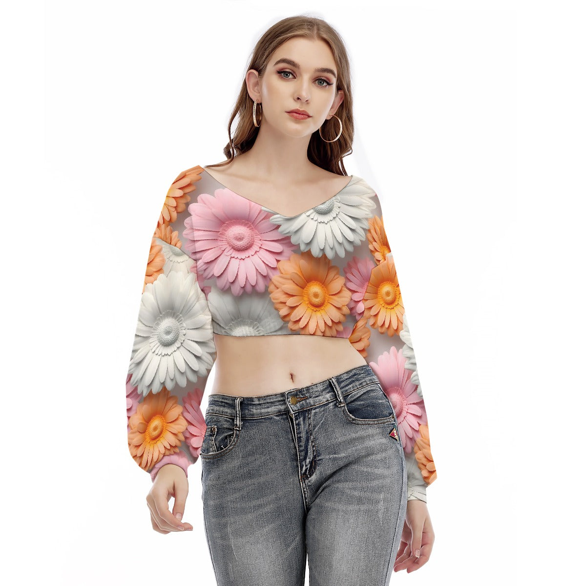 All-Over Print Women's V-neck Long Sleeve Cropped Sweatshirt