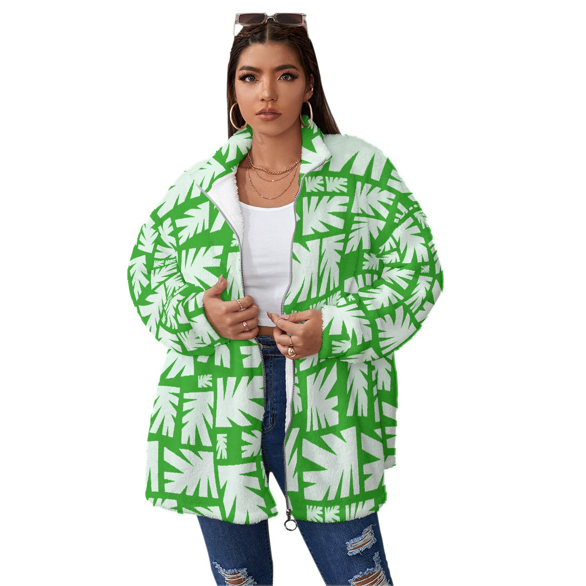 All-Over Print Unisex Borg Fleece Stand-up Collar Coat With Zipper Closure(Plus Size)