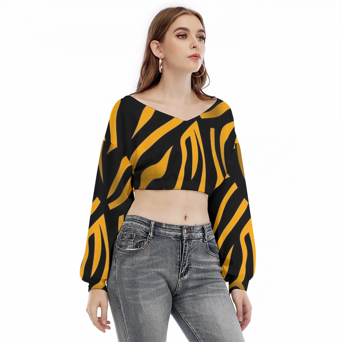 All-Over Print Women's V-neck Long Sleeve Cropped Sweatshirt