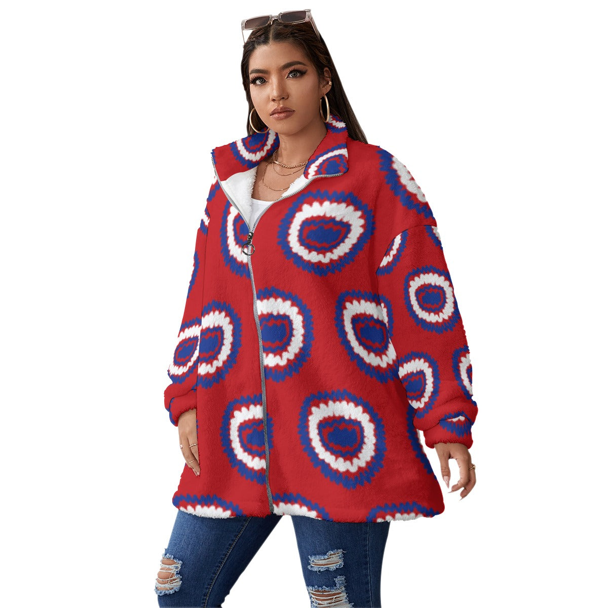 All-Over Print Unisex Borg Fleece Stand-up Collar Coat With Zipper Closure(Plus Size)