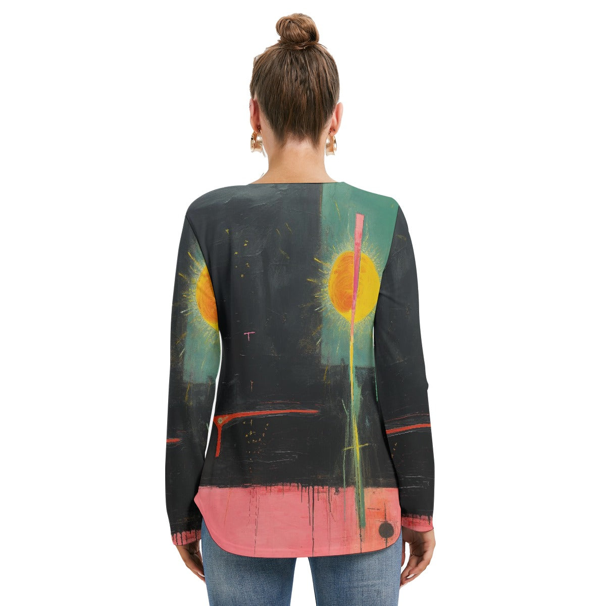 All-Over Print Women's Long Sleeve Neckline Tie Sweatshirt
