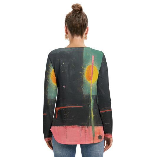 All-Over Print Women's Long Sleeve Neckline Tie Sweatshirt