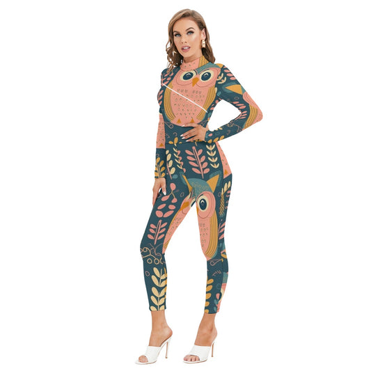 All-Over Print Women's Long-sleeved High-neck Jumpsuit With Zipper