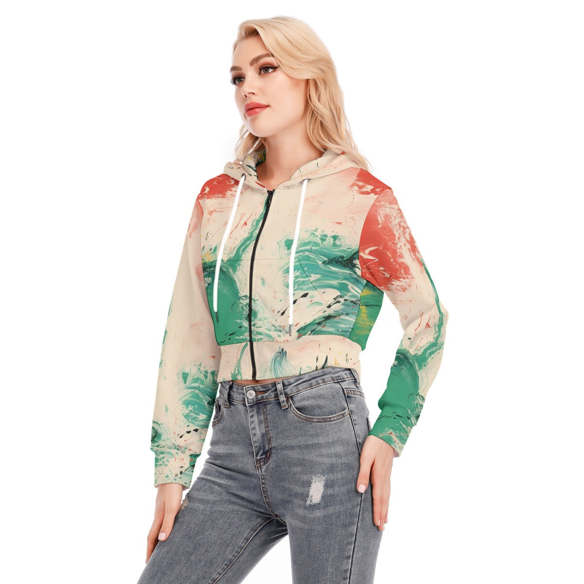All-Over Print Women's Crop Top Hoodie With Zipper Closure