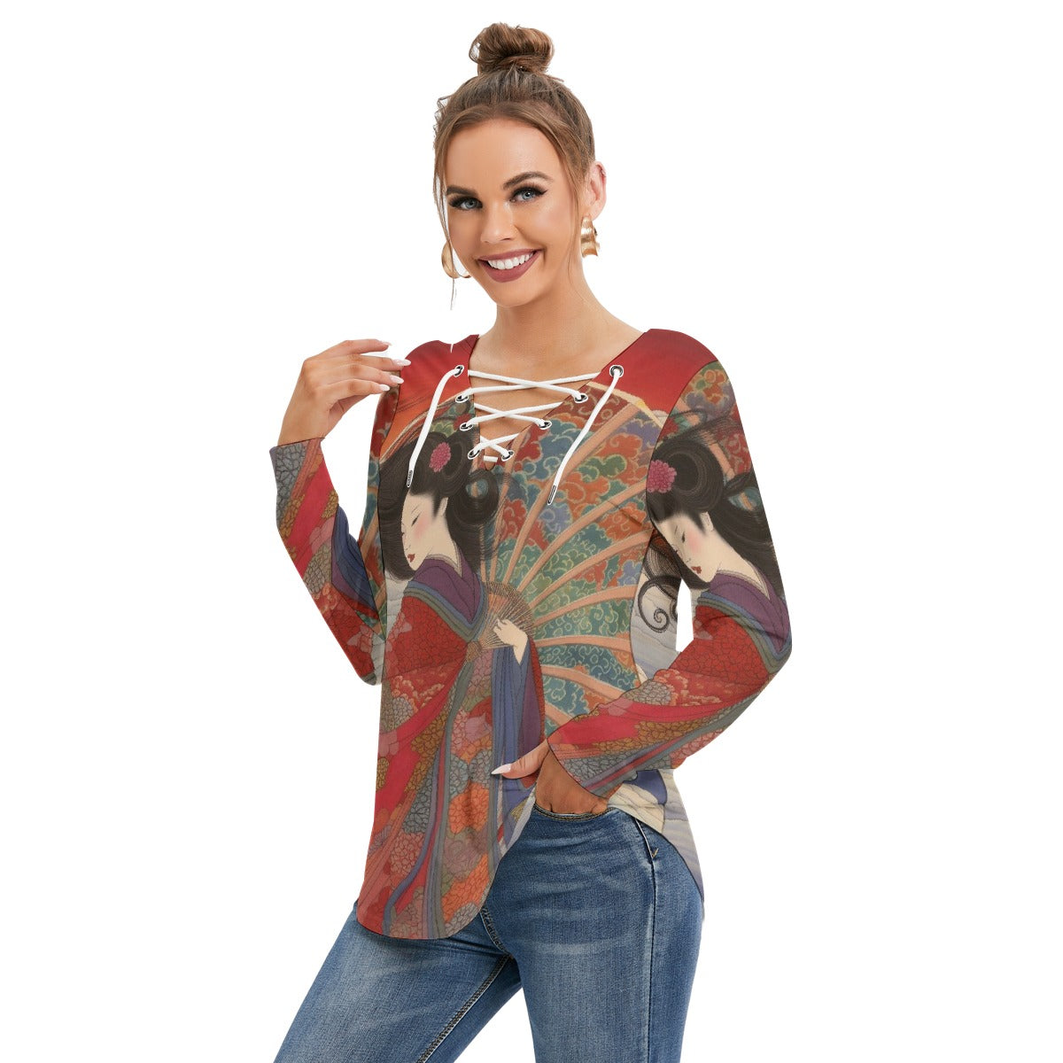 All-Over Print Women's Long Sleeve Neckline Tie Sweatshirt