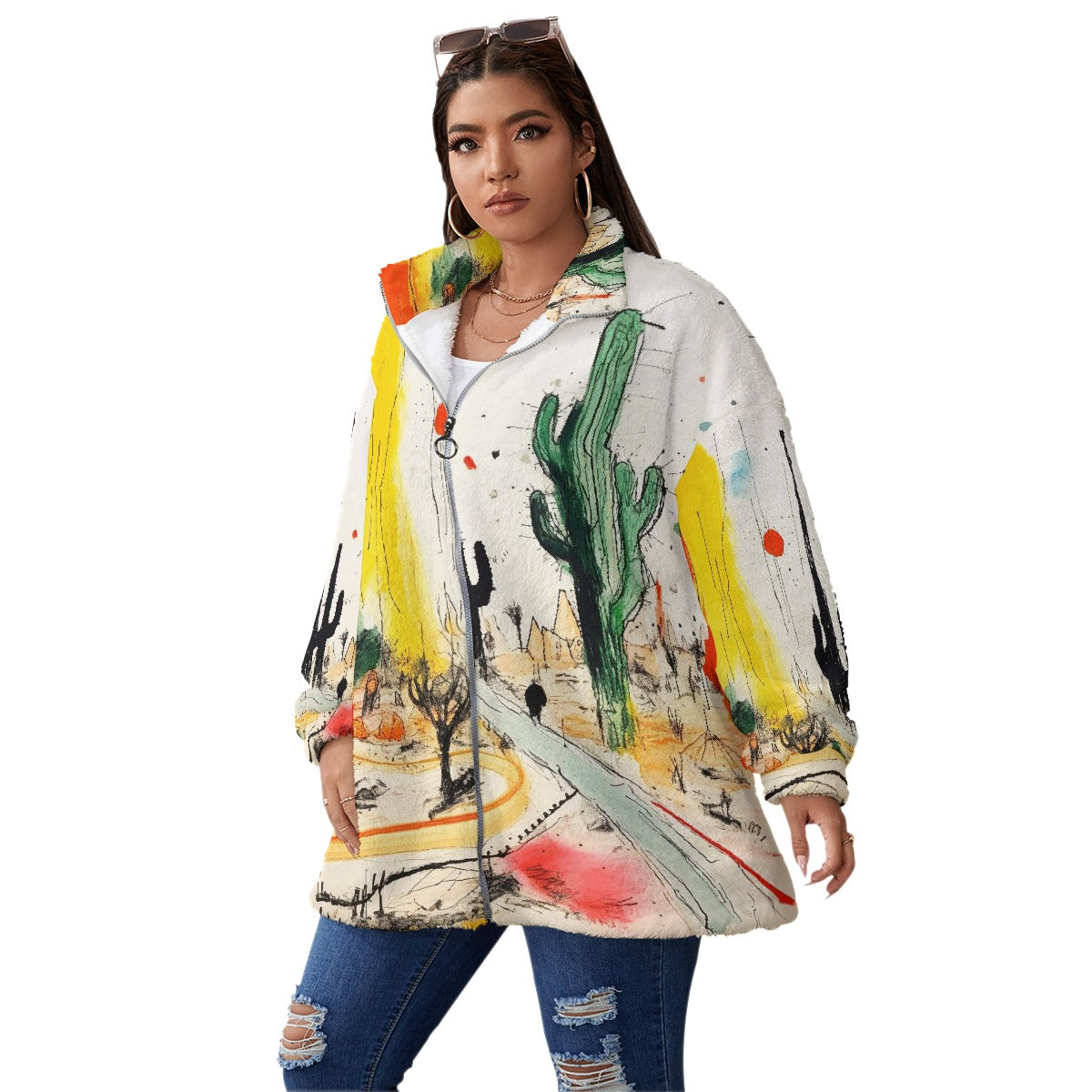 All-Over Print Unisex Borg Fleece Stand-up Collar Coat With Zipper Closure(Plus Size)