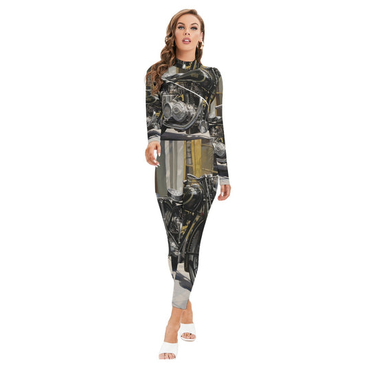 All-Over Print Women's Long-sleeved High-neck Jumpsuit With Zipper