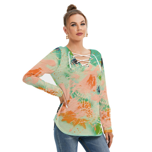 All-Over Print Women's Long Sleeve Neckline Tie Sweatshirt