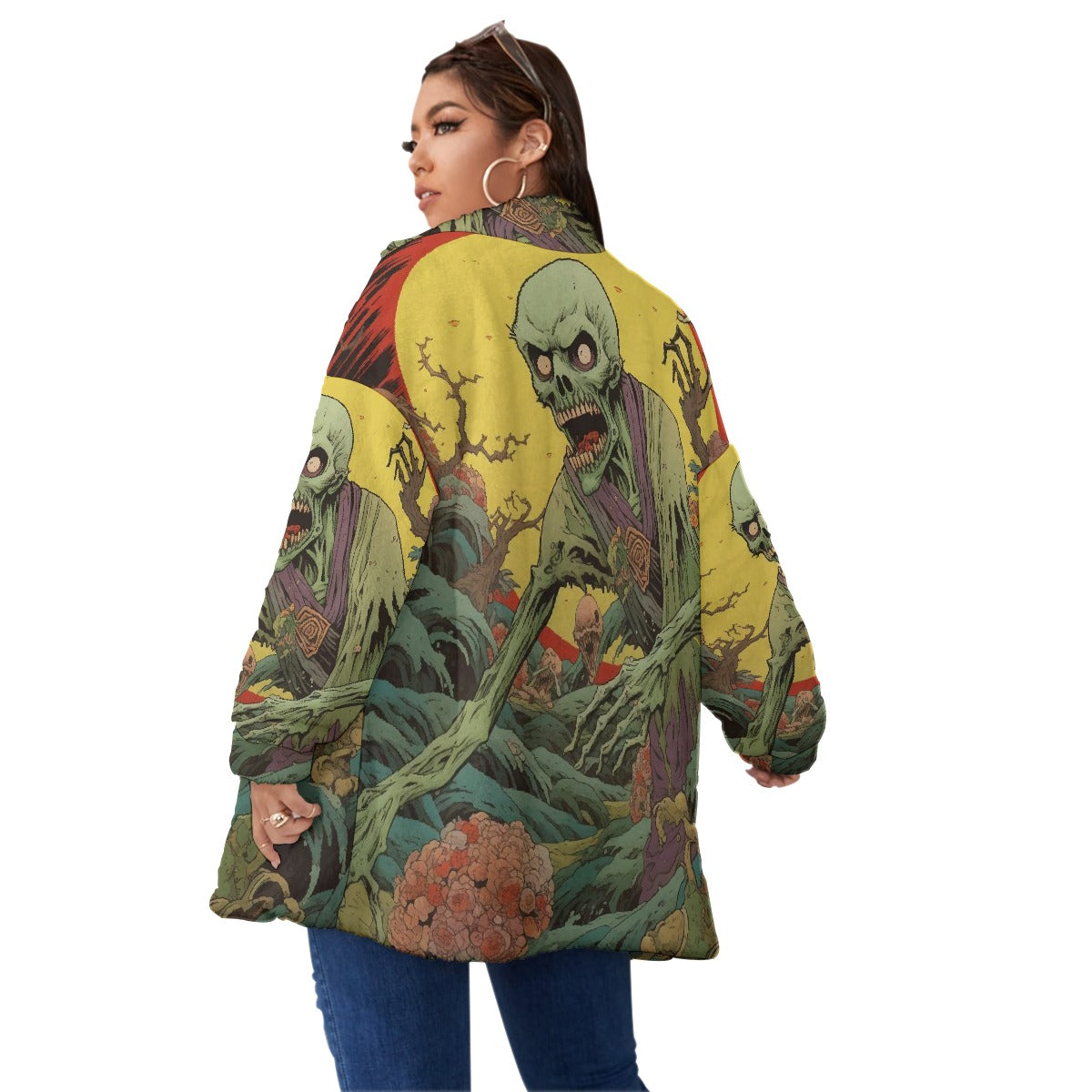 All-Over Print Unisex Borg Fleece Stand-up Collar Coat With Zipper Closure(Plus Size)