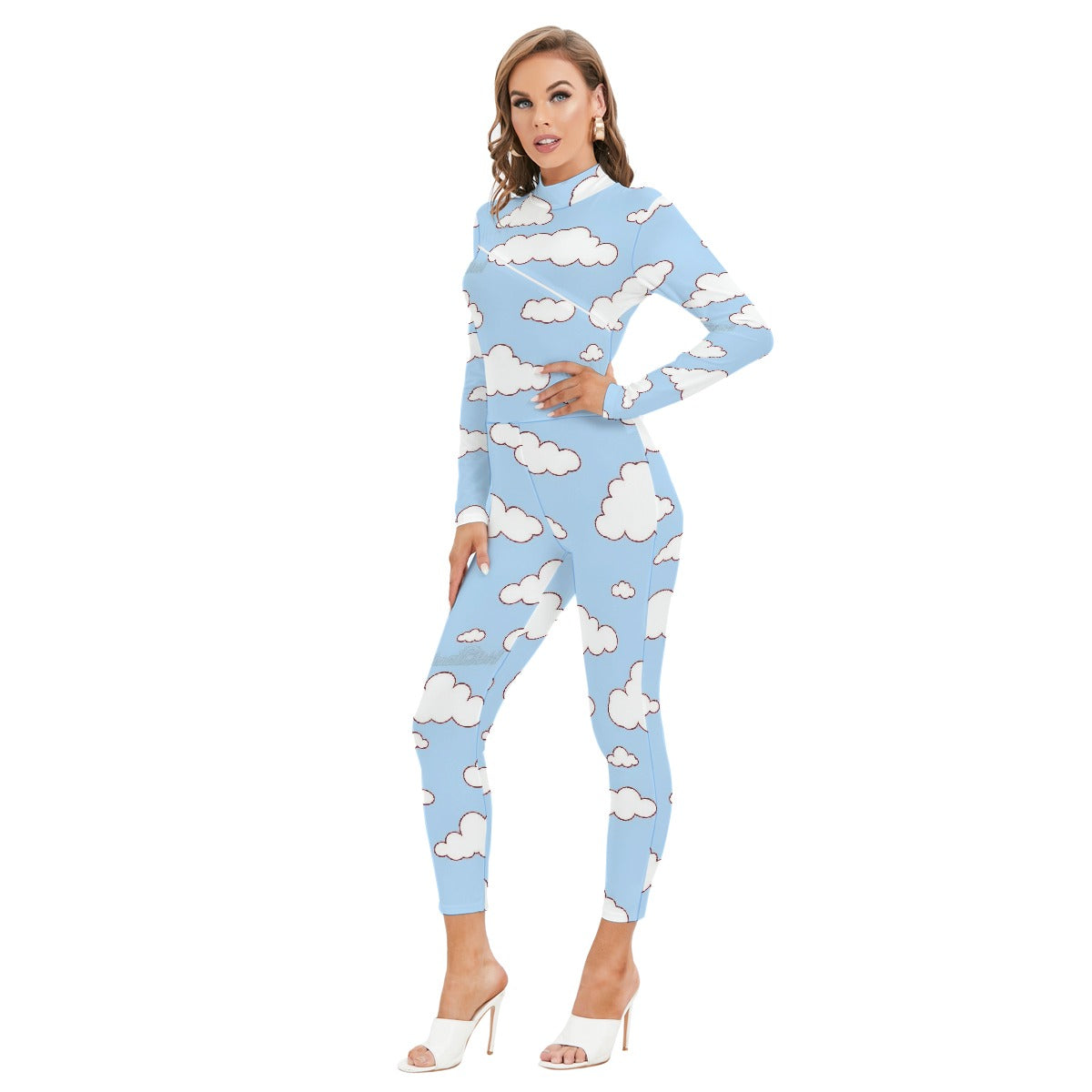 All-Over Print Women's Long-sleeved High-neck Jumpsuit With Zipper