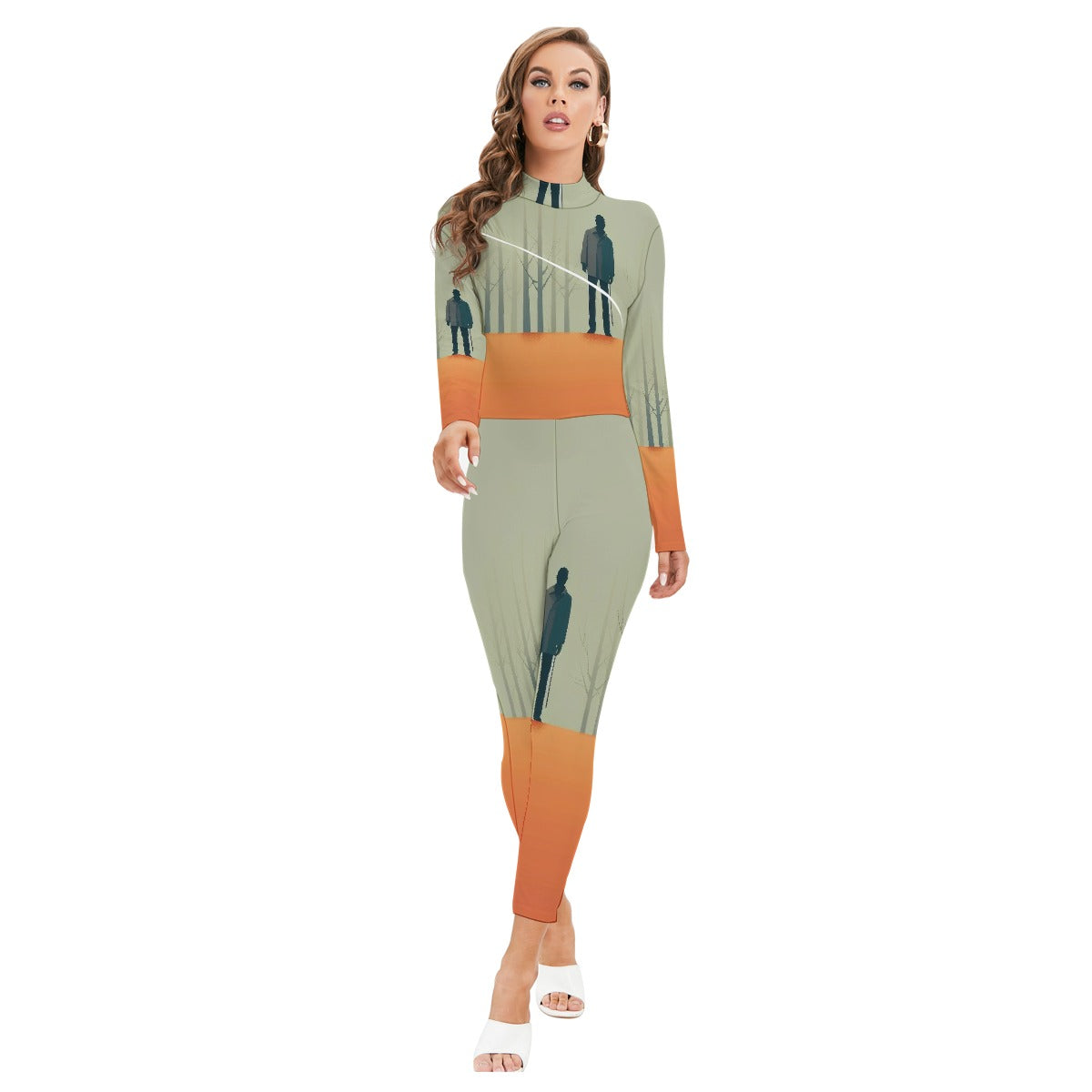 All-Over Print Women's Long-sleeved High-neck Jumpsuit With Zipper