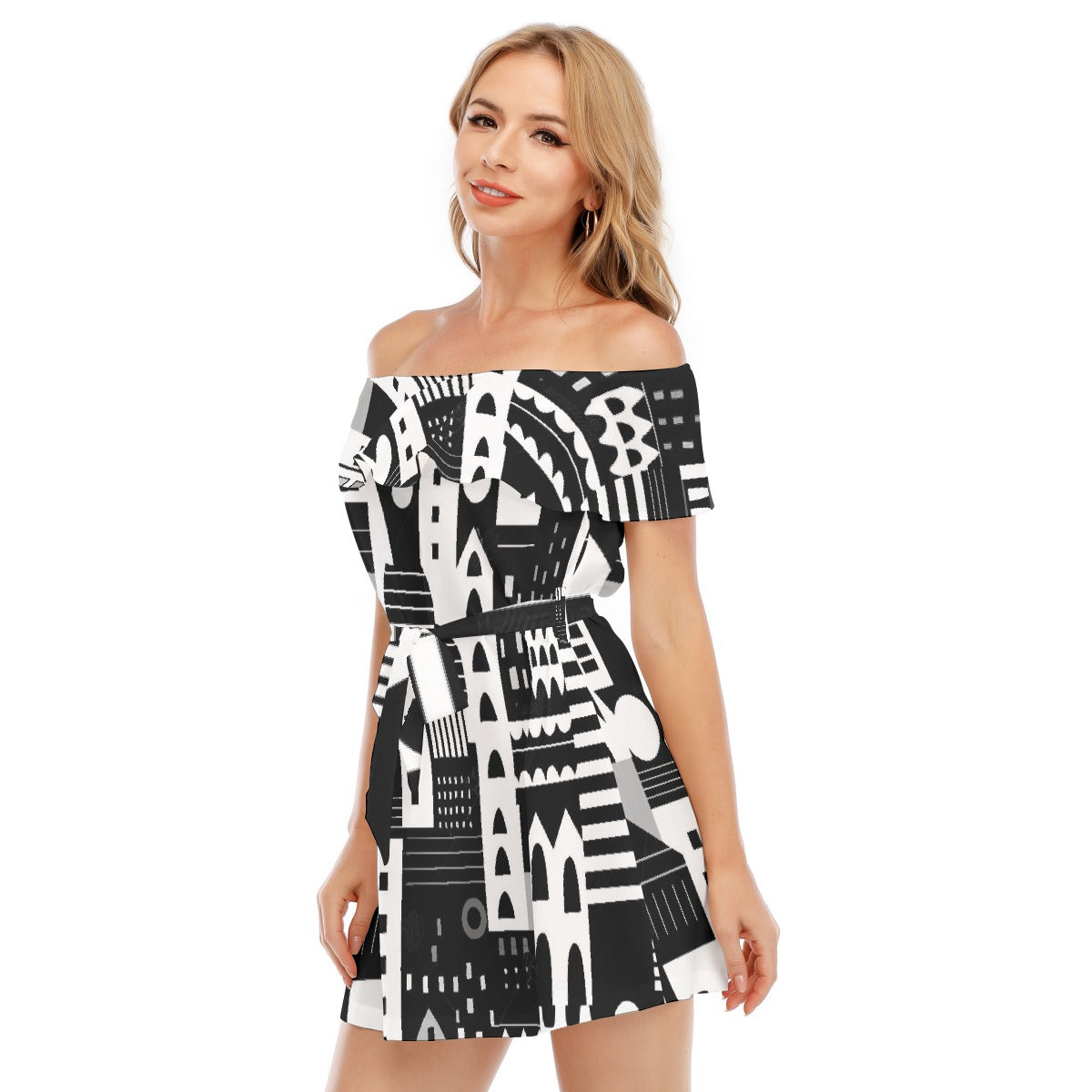 All-Over Print Women's Off-shoulder Dress With Ruffle