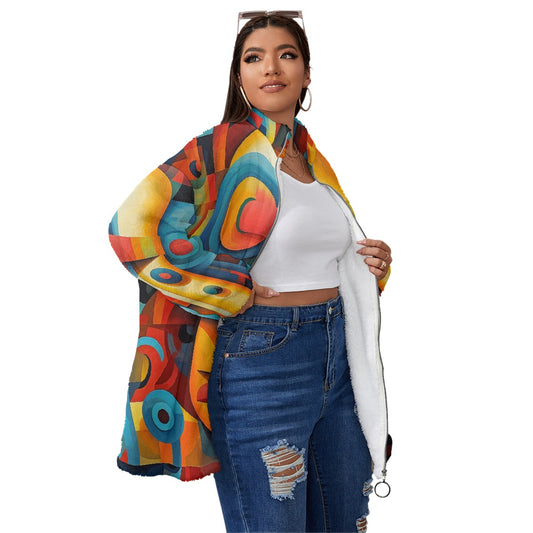 All-Over Print Unisex Borg Fleece Stand-up Collar Coat With Zipper Closure(Plus Size)