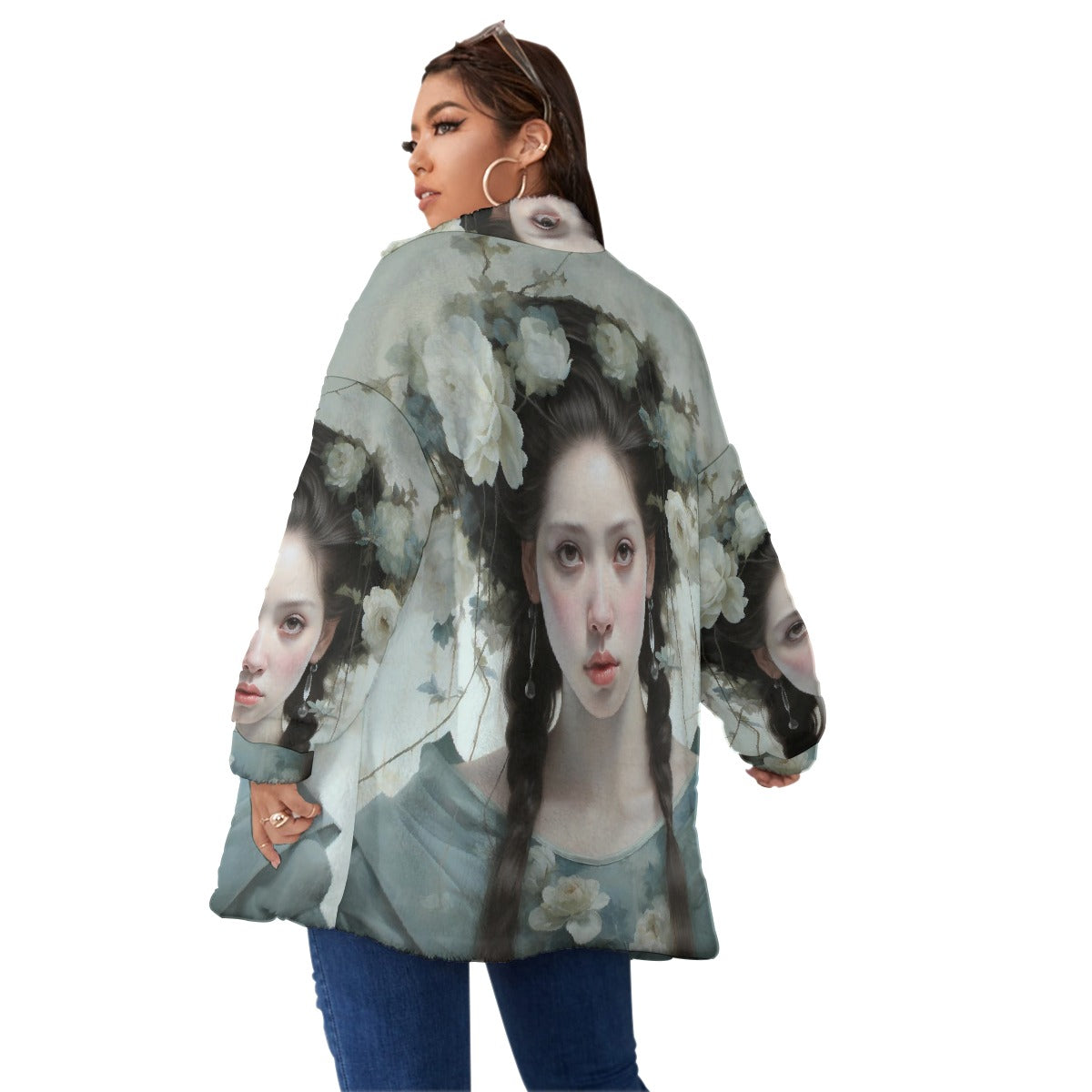 All-Over Print Unisex Borg Fleece Stand-up Collar Coat With Zipper Closure(Plus Size)