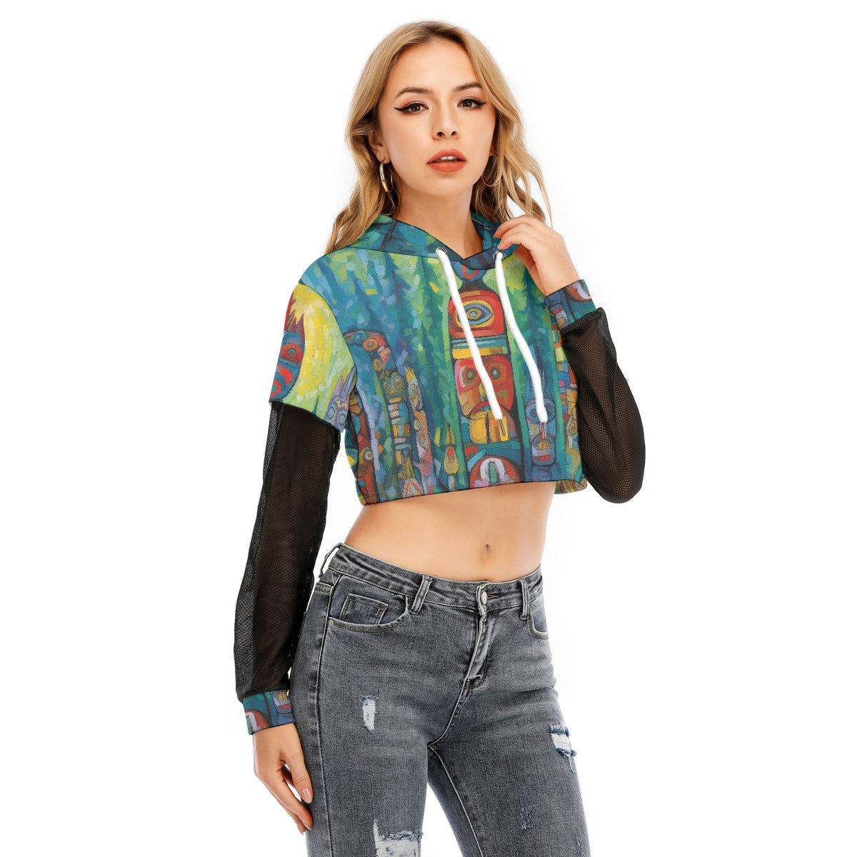 All-Over Print Women's Fake Two-piece Mesh Sleeve Cropped Hoodie