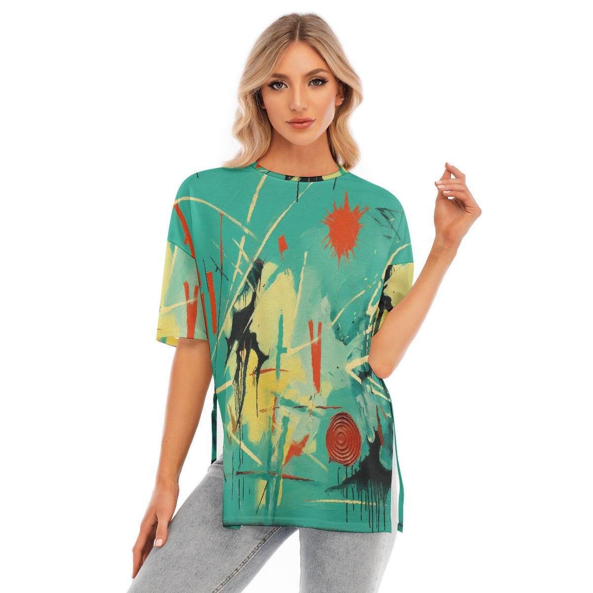 All-Over Print Women's Short Sleeves T-shirt With Hem Split