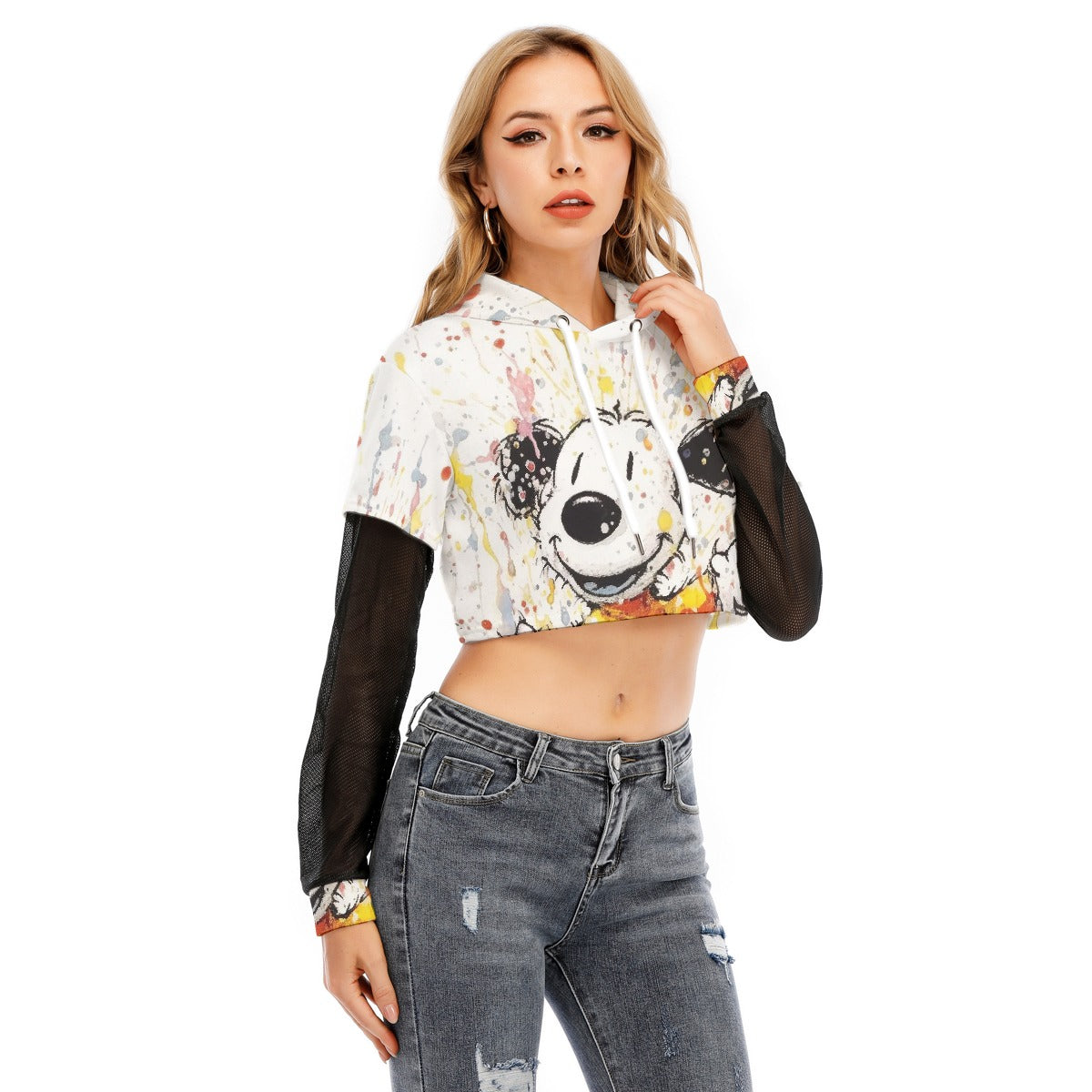 All-Over Print Women's Fake Two-piece Mesh Sleeve Cropped Hoodie
