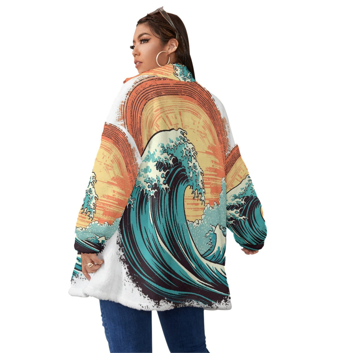 All-Over Print Unisex Borg Fleece Stand-up Collar Coat With Zipper Closure(Plus Size)