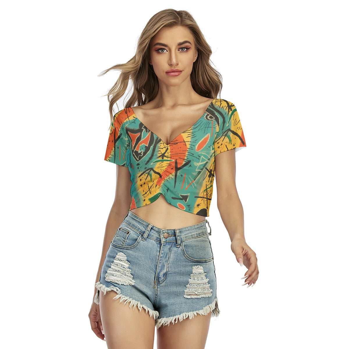 All-Over Print Women's Raglan Drawstring Front  Crop Tee