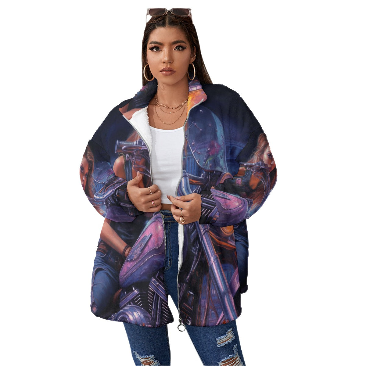 All-Over Print Unisex Borg Fleece Stand-up Collar Coat With Zipper Closure(Plus Size)