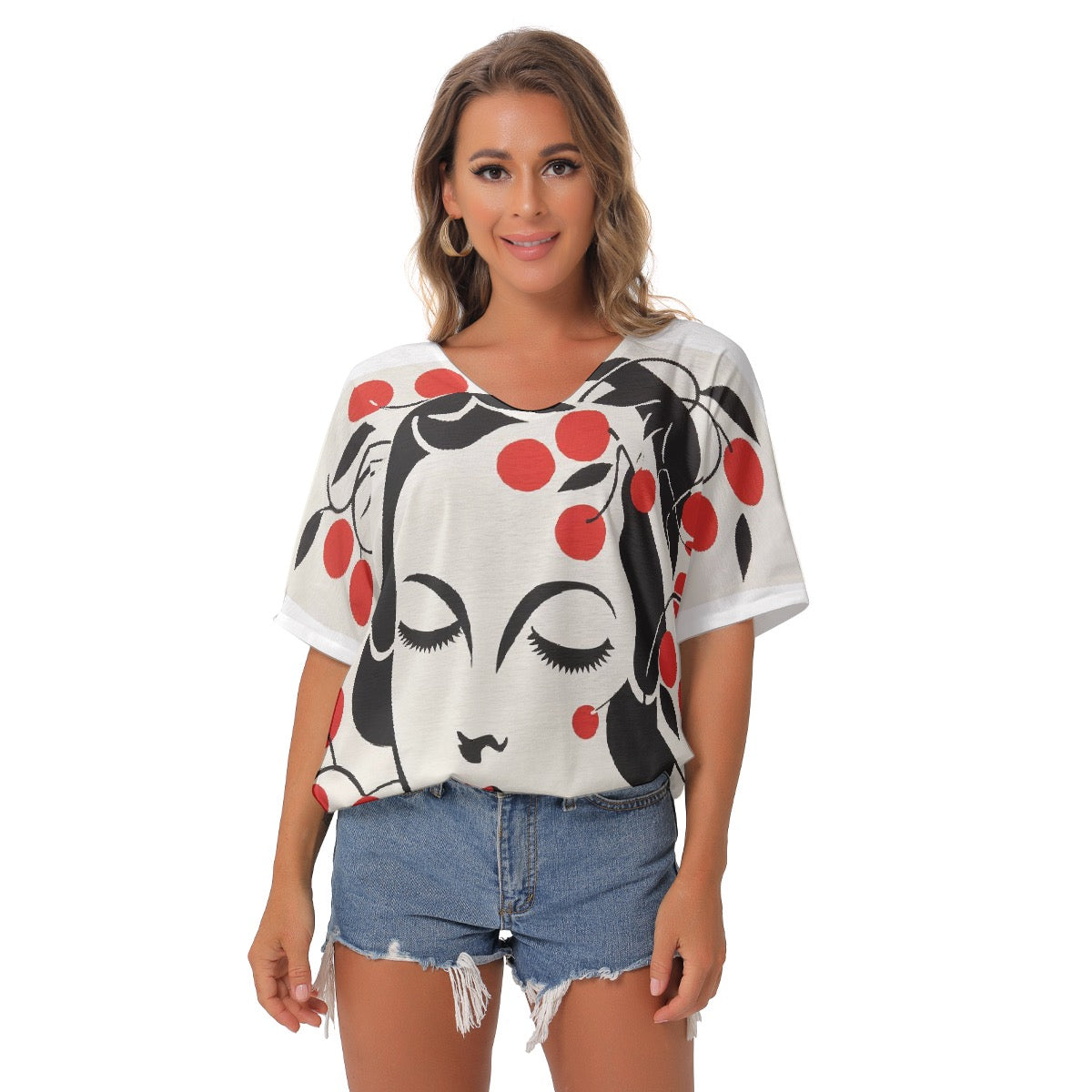 All-Over Print Women's Bat Sleeves V-Neck Blouse