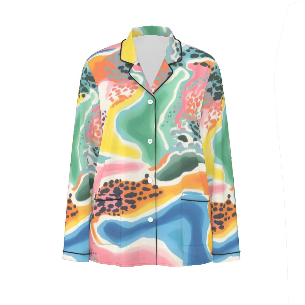 All-Over Print Women's Long Sleeve Pajama Set With Black Contrast Piping