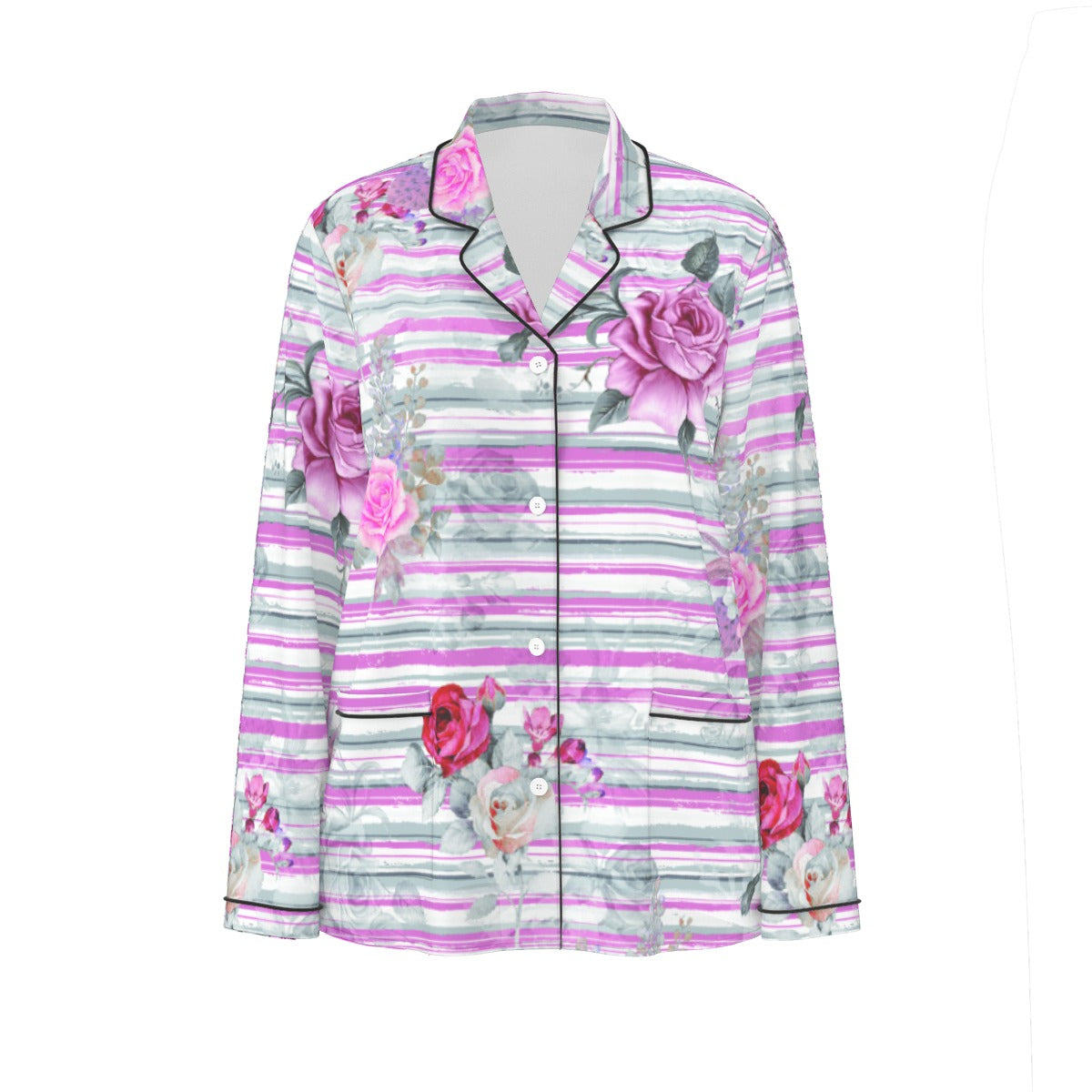 All-Over Print Women's Long Sleeve Pajama Set With Black Contrast Piping