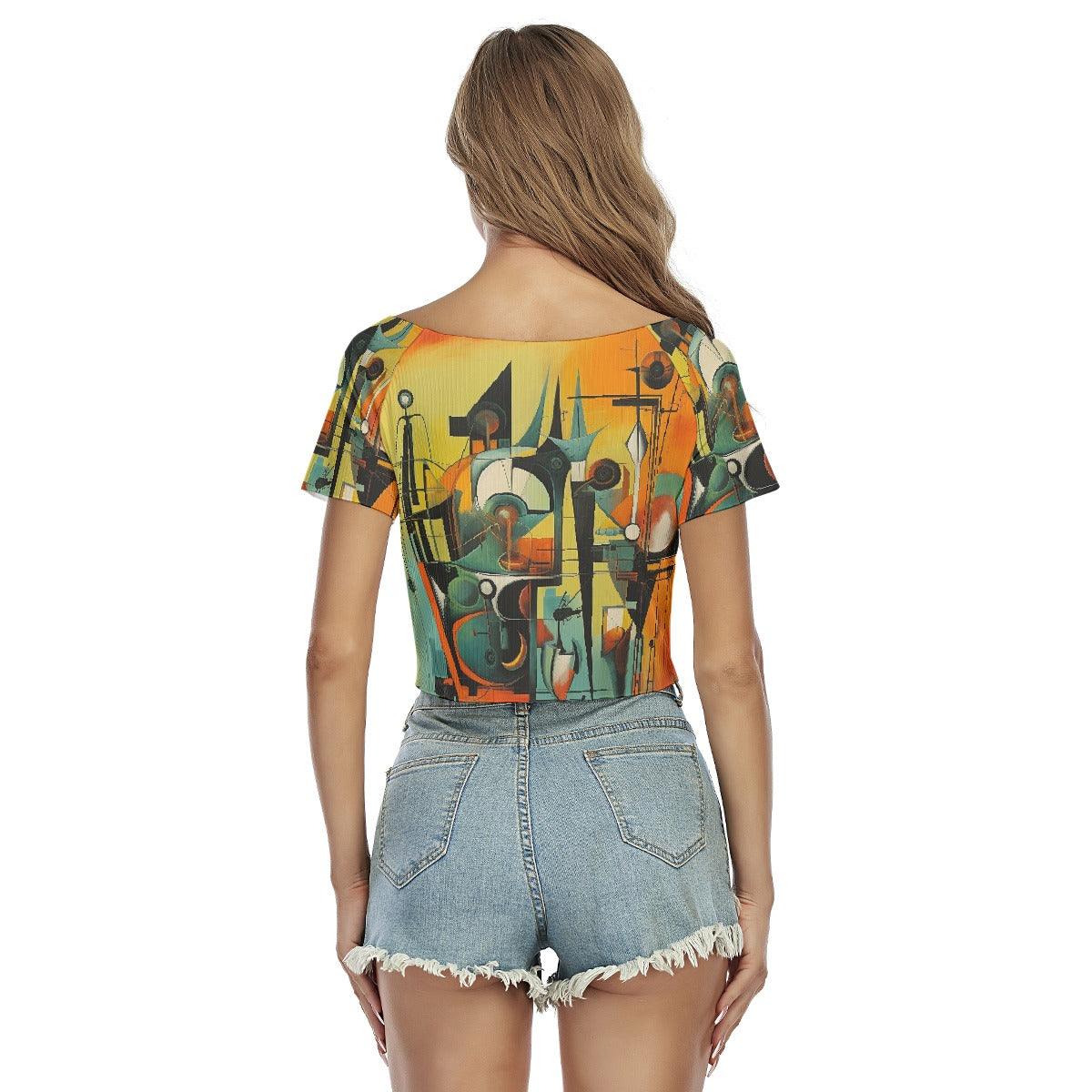 All-Over Print Women's Raglan Drawstring Front  Crop Tee