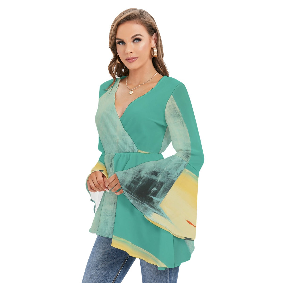 All-Over Print Women's V-neck Blouse With Flared Sleeves