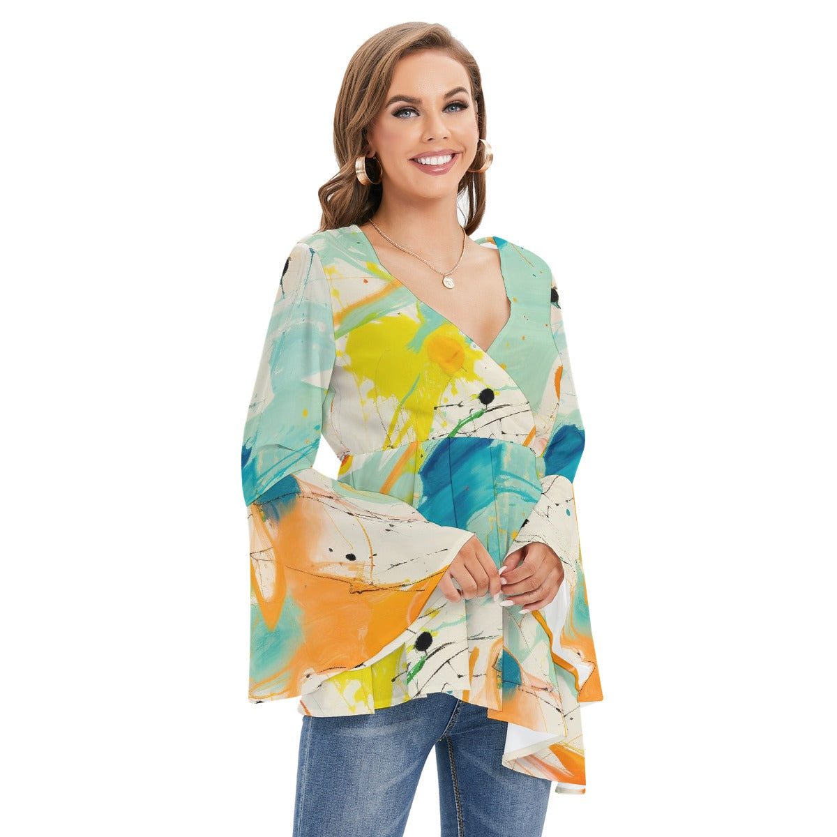 All-Over Print Women's V-neck Blouse With Flared Sleeves