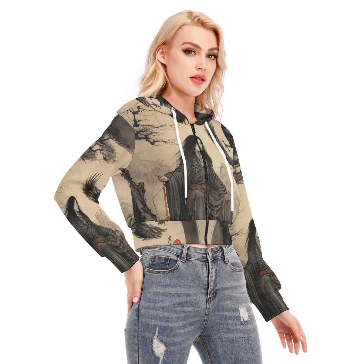 All-Over Print Women's Crop Top Hoodie With Zipper Closure