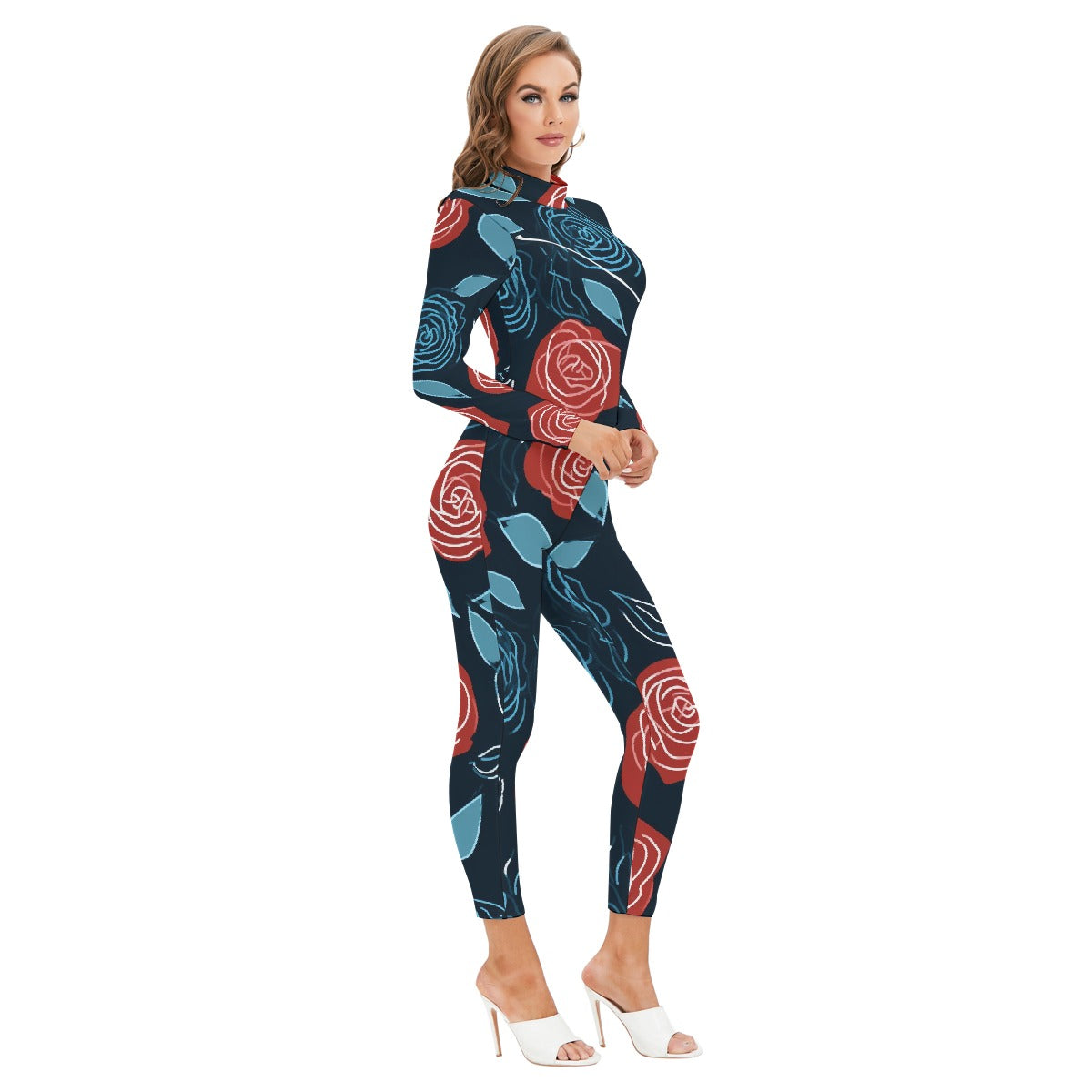 All-Over Print Women's Long-sleeved High-neck Jumpsuit With Zipper