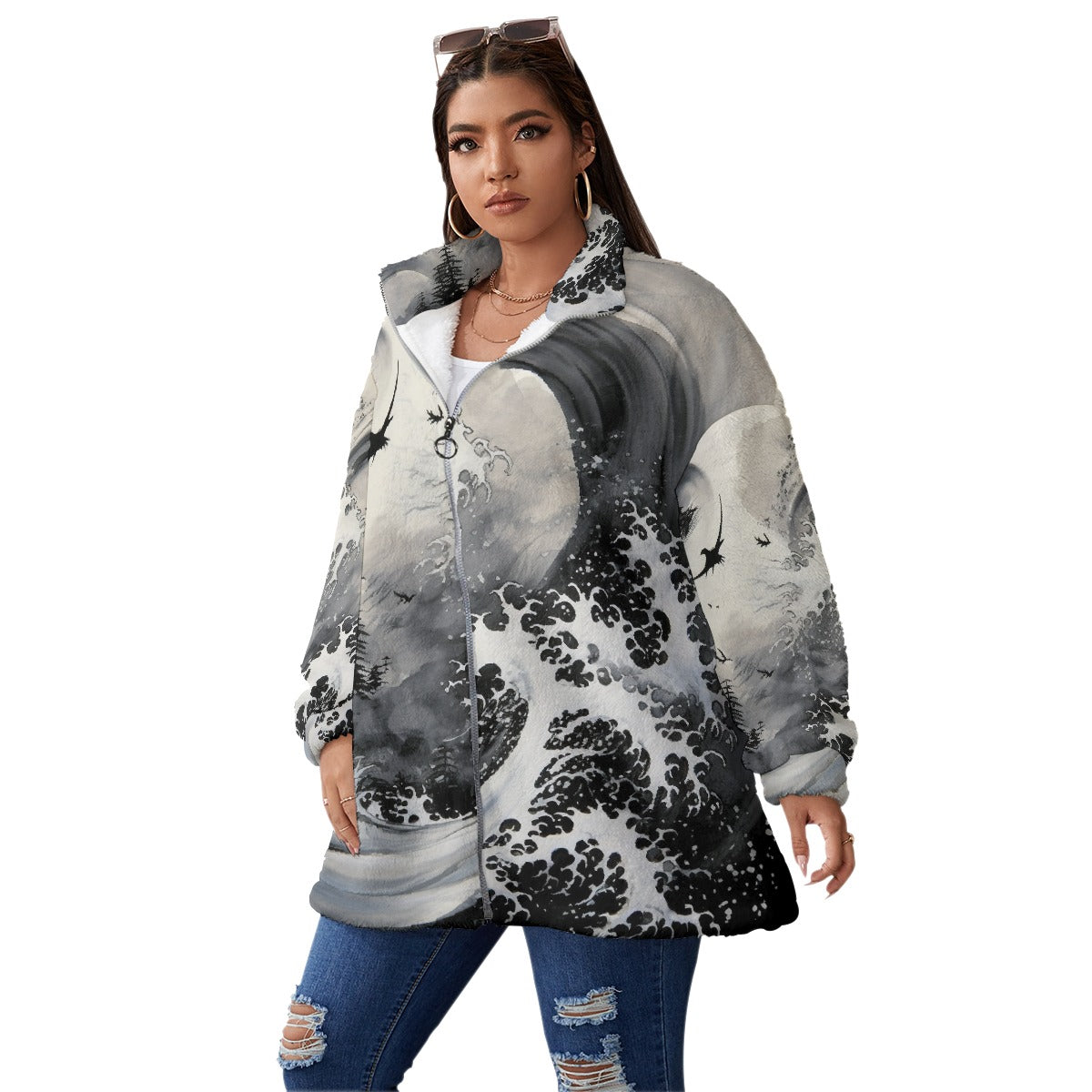 All-Over Print Unisex Borg Fleece Stand-up Collar Coat With Zipper Closure(Plus Size)