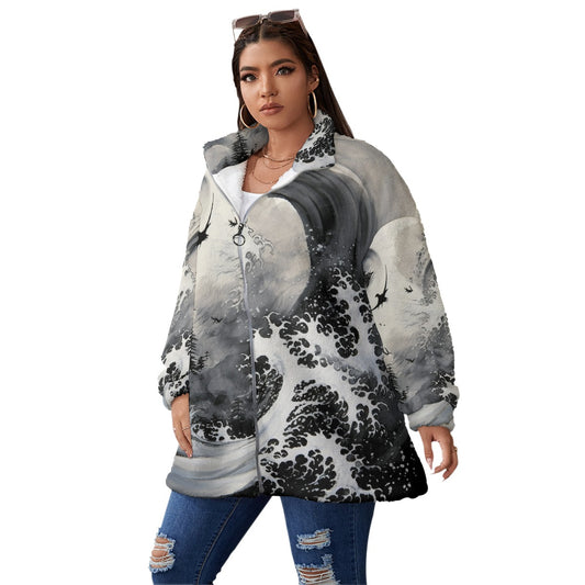 All-Over Print Unisex Borg Fleece Stand-up Collar Coat With Zipper Closure(Plus Size)