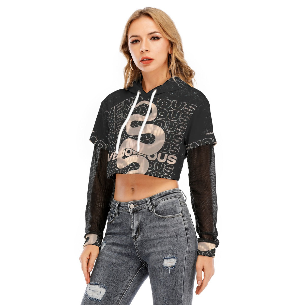 All-Over Print Women's Fake Two-piece Mesh Sleeve Cropped Hoodie