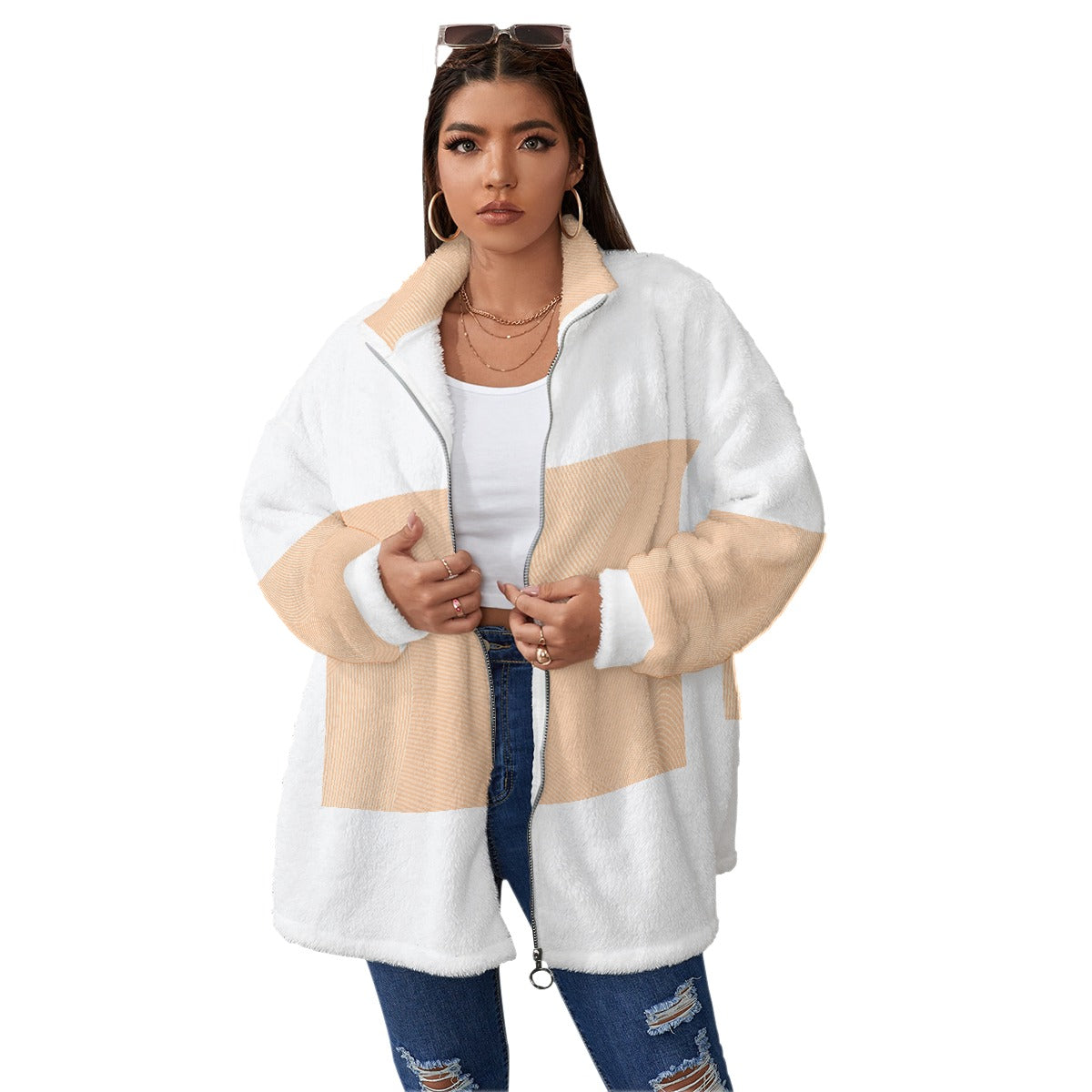 All-Over Print Unisex Borg Fleece Stand-up Collar Coat With Zipper Closure(Plus Size)