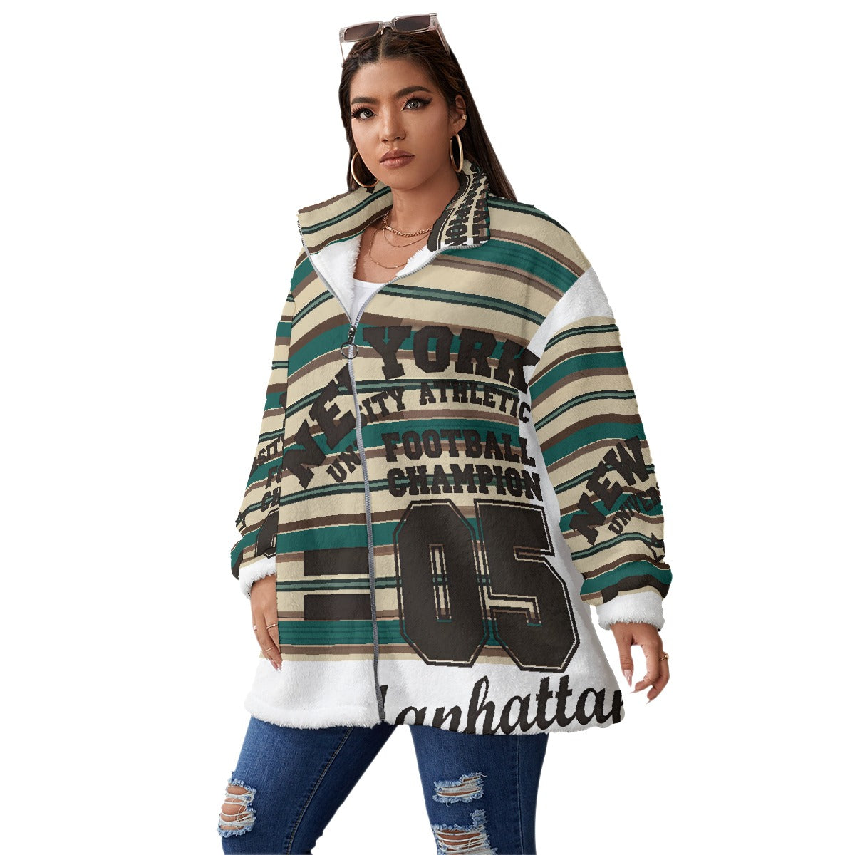 All-Over Print Unisex Borg Fleece Stand-up Collar Coat With Zipper Closure(Plus Size)