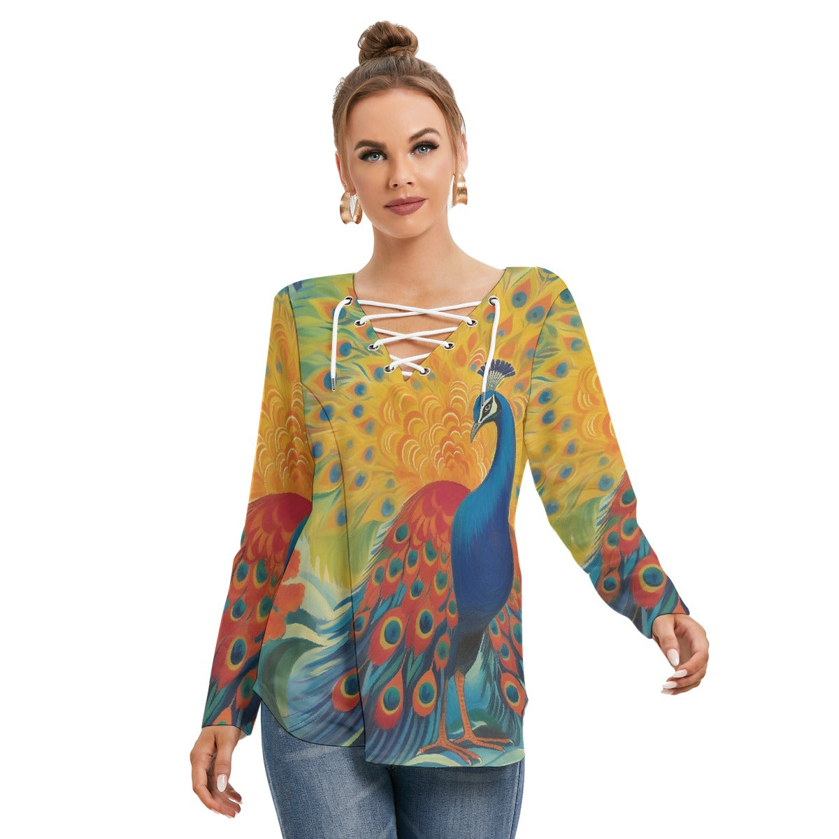 All-Over Print Women's Long Sleeve Neckline Tie Sweatshirt