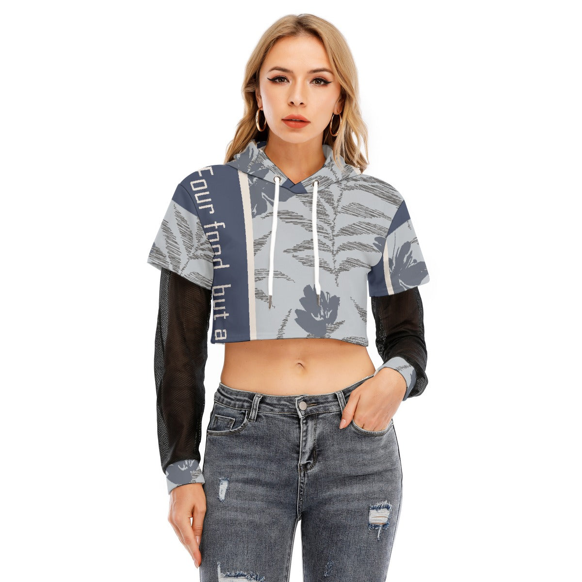 All-Over Print Women's Fake Two-piece Mesh Sleeve Cropped Hoodie