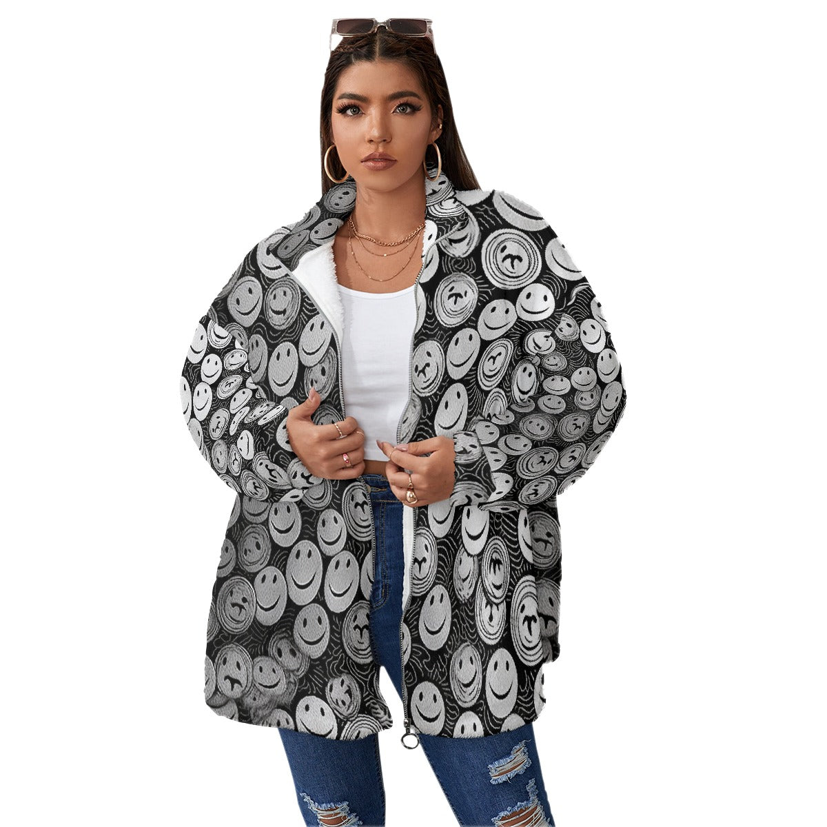 All-Over Print Unisex Borg Fleece Stand-up Collar Coat With Zipper Closure(Plus Size)