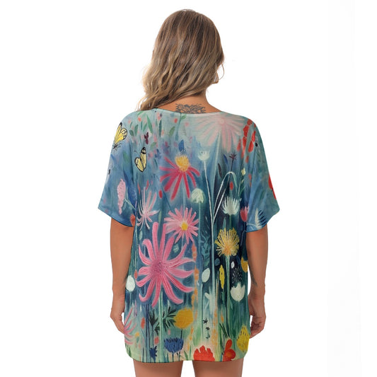 All-Over Print Women's Bat Sleeves V-Neck Blouse