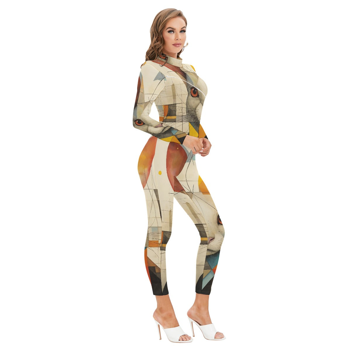 All-Over Print Women's Long-sleeved High-neck Jumpsuit With Zipper
