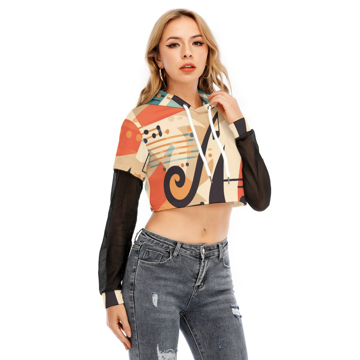 All-Over Print Women's Fake Two-piece Mesh Sleeve Cropped Hoodie