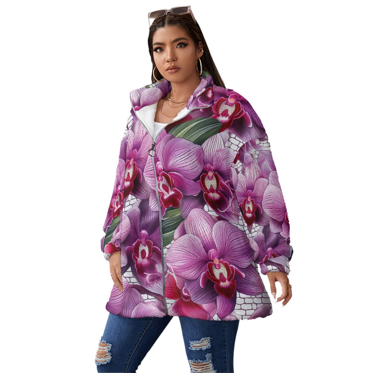 All-Over Print Unisex Borg Fleece Stand-up Collar Coat With Zipper Closure(Plus Size)