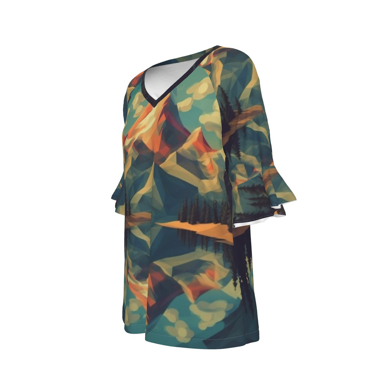 All-Over Print V-neck Women's T-shirt With Bell Sleeve