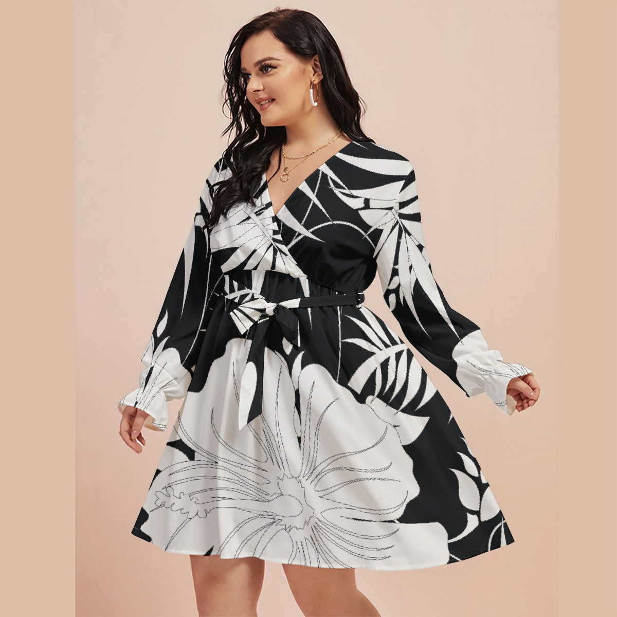 All-Over Print Women's V-neck Dress With Waistband(Plus Size)