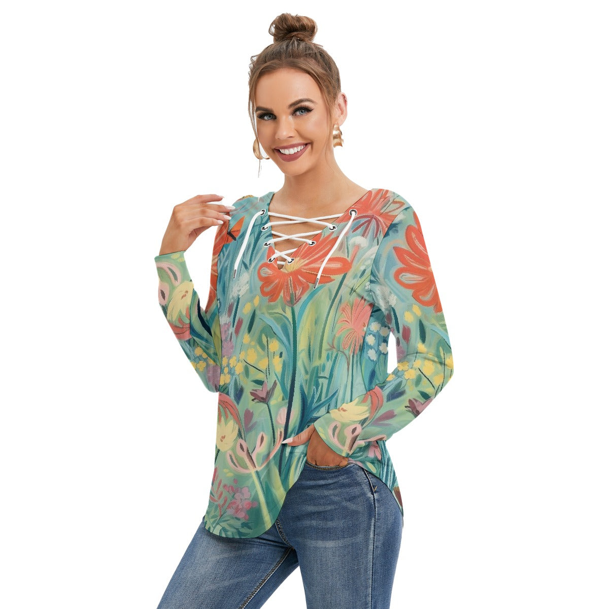 All-Over Print Women's Long Sleeve Neckline Tie Sweatshirt