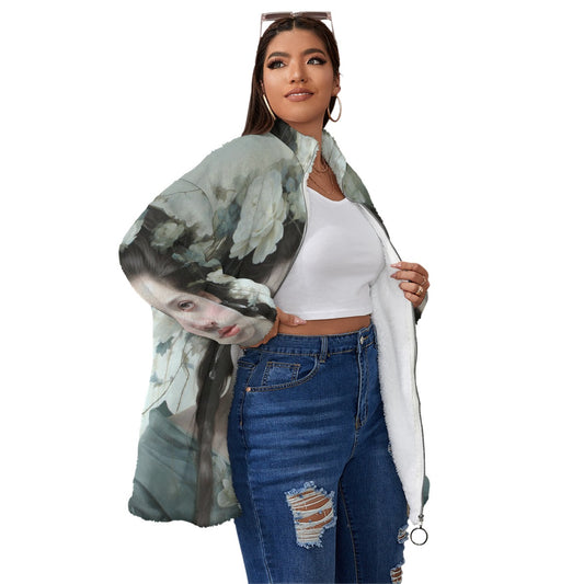 All-Over Print Unisex Borg Fleece Stand-up Collar Coat With Zipper Closure(Plus Size)