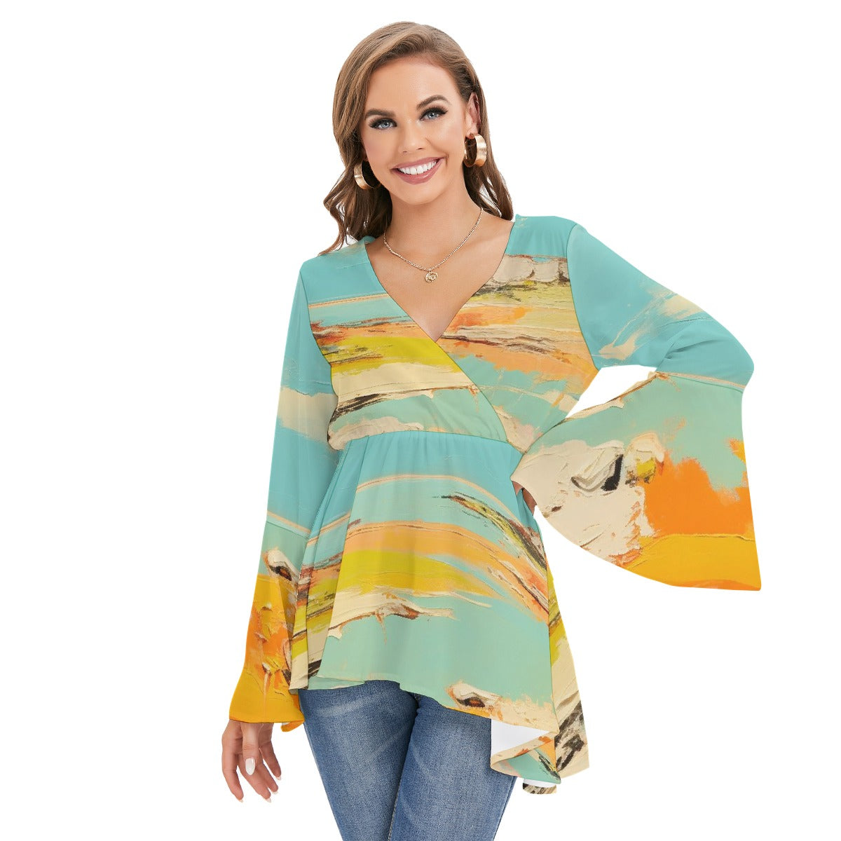 All-Over Print Women's V-neck Blouse With Flared Sleeves