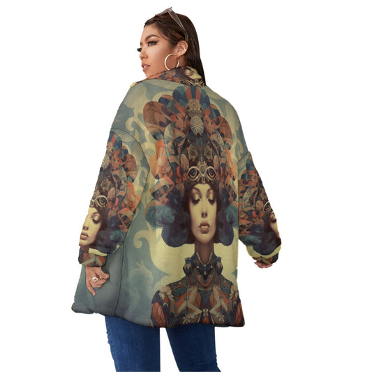 All-Over Print Unisex Borg Fleece Stand-up Collar Coat With Zipper Closure(Plus Size)